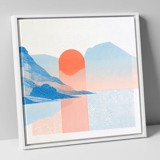 Modern Buttermere in Coral and Blue lake district lake canvas wall art in white frame