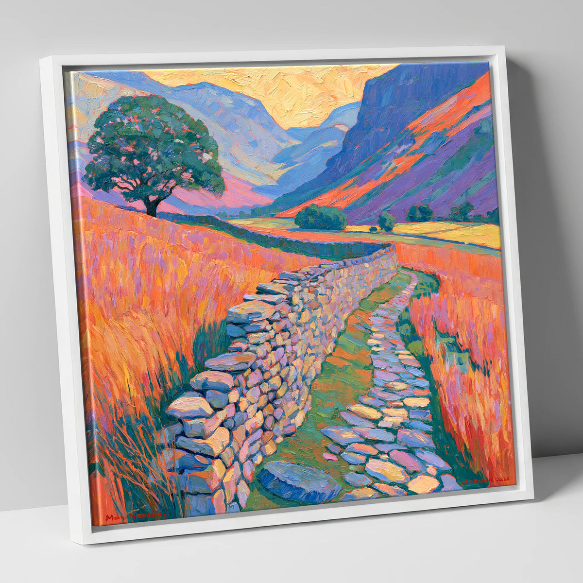 Drystone Wall Through Golden Valley lake district valley canvas wall art in white frame