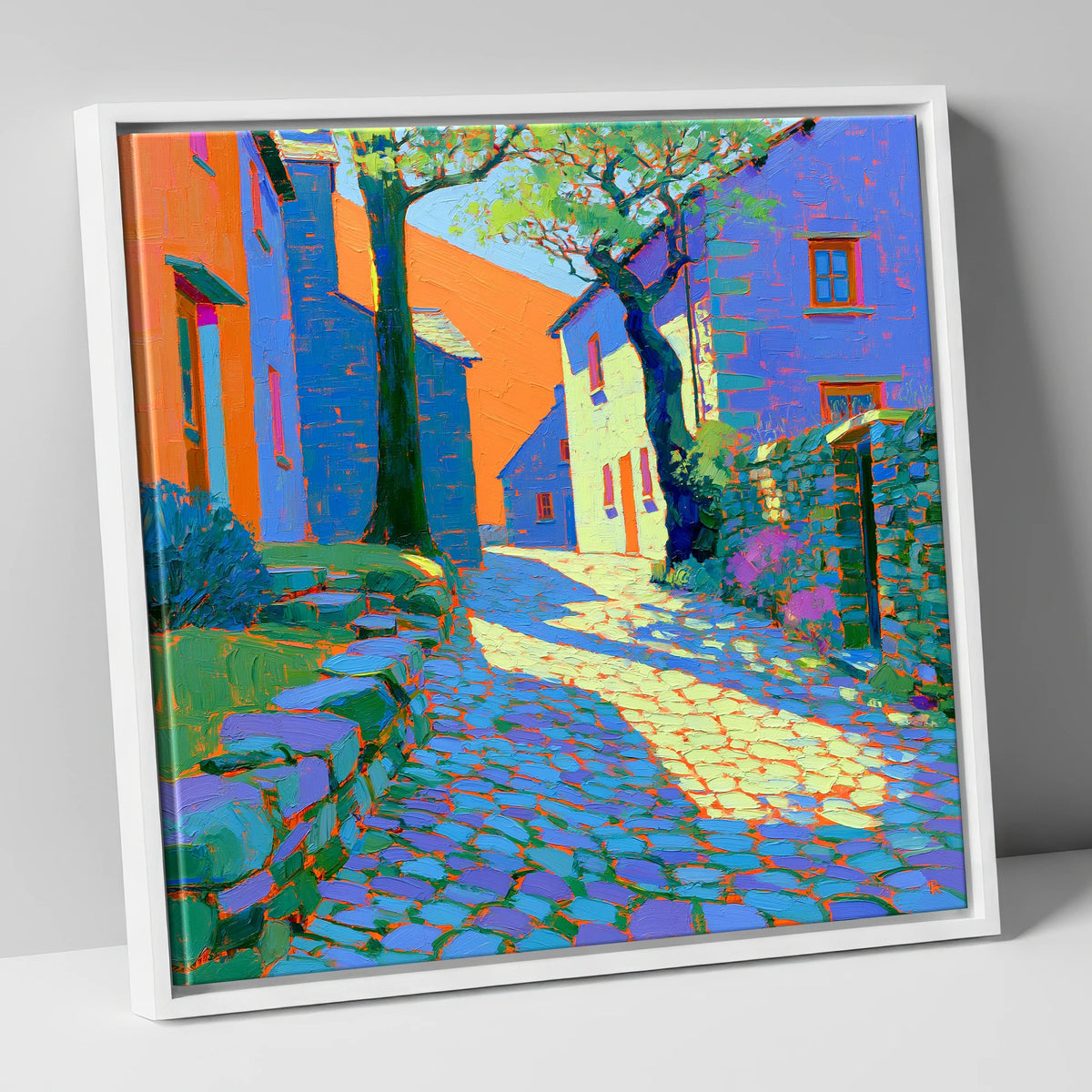 Dappled Sunlight on Village Cobbles lake district village canvas wall art in white frame