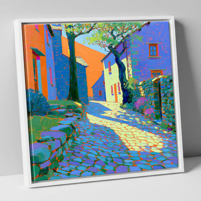 Dappled Sunlight on Village Cobbles lake district village canvas wall art in white frame
