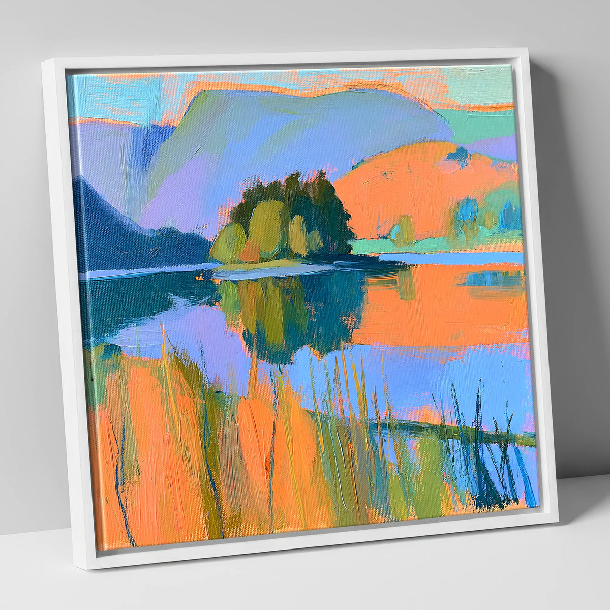 Vibrant Grasmere and Wooded Island lake district lake canvas wall art in white frame