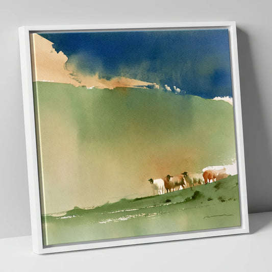 Herdwick Sheep Beneath Indigo Skies lake district wildlife canvas wall art in white frame