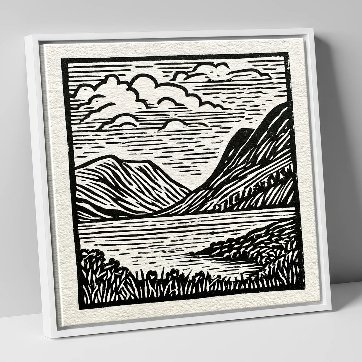 Graphic Fells of Crummock Water lake district lake canvas wall art in white frame