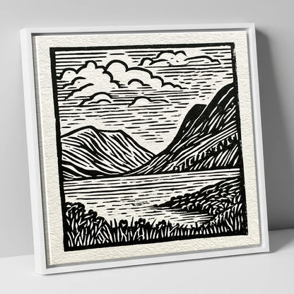 Graphic Fells of Crummock Water lake district lake canvas wall art in white frame
