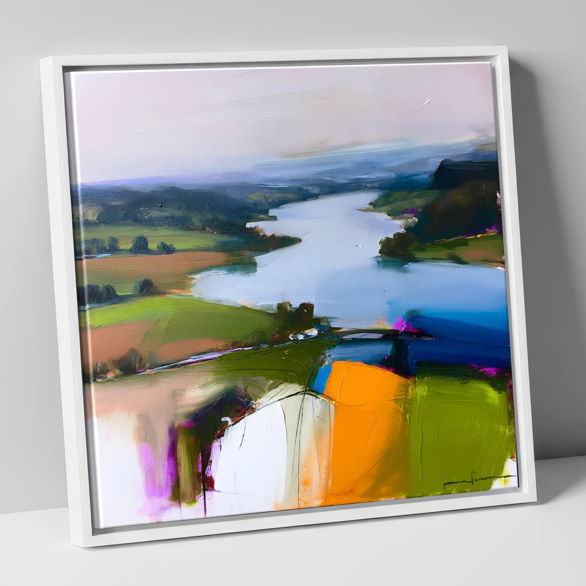 Vibrant Ullswater from Pooley Bridge lake district village canvas wall art in white frame
