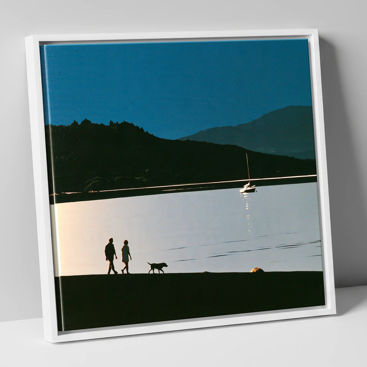 Windermere Dog Walk in Silhouette gifts for dog walkers canvas wall art in white frame