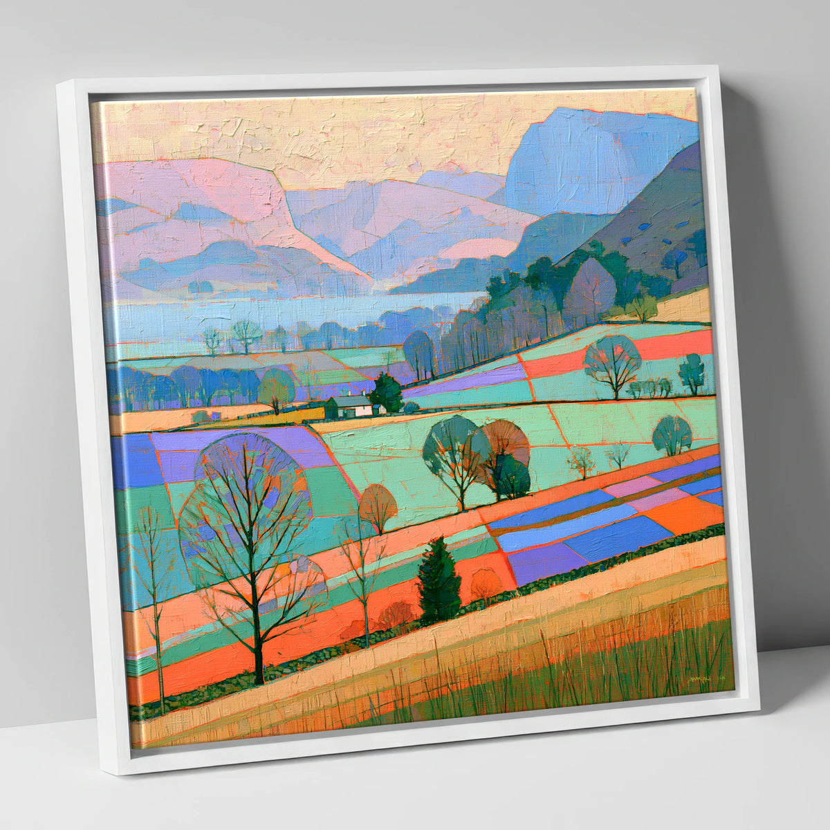 Bright Patchwork Valley Mist lake district sky canvas wall art in white frame