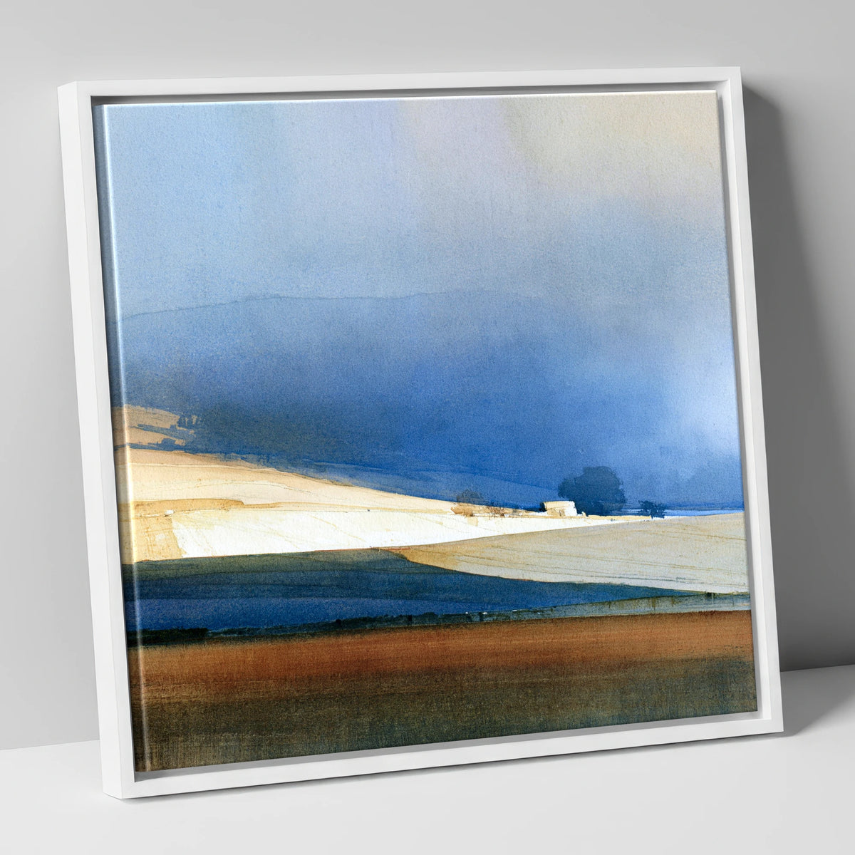 Patchwork Fields Under Indigo Sky lake district valley canvas wall art in white frame