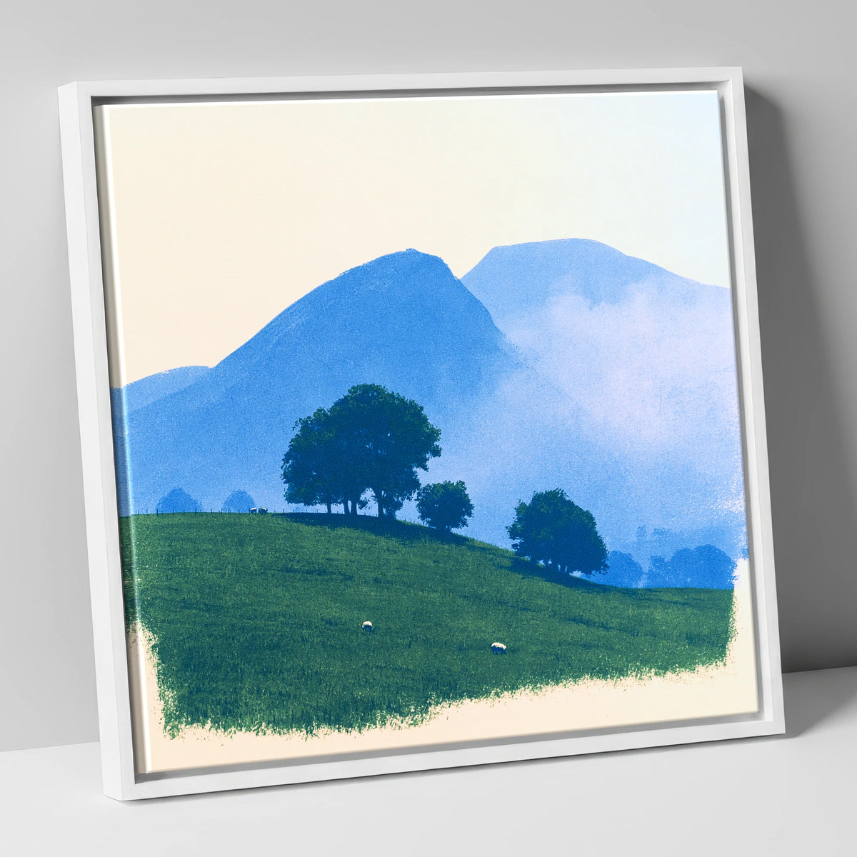 Mist Over the Blue Fells lake district fell canvas wall art in white frame