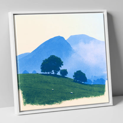 Mist Over the Blue Fells lake district fell canvas wall art in white frame