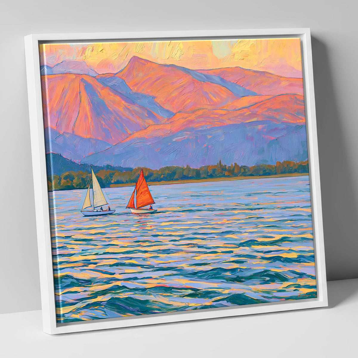 Sailing Windermere Under Purple Fells lake district lake canvas wall art in white frame