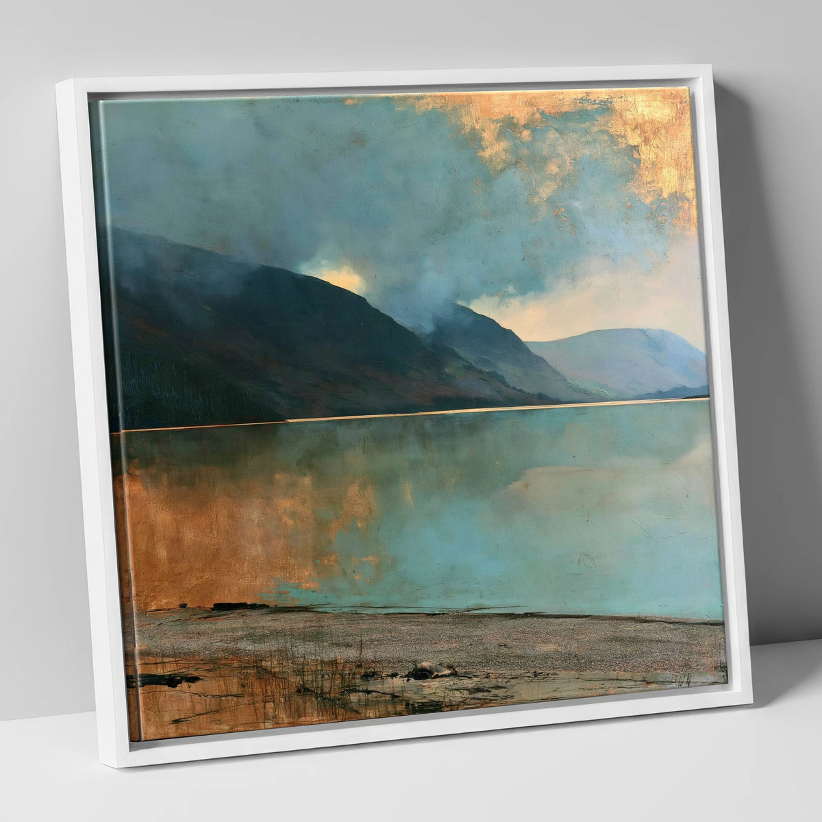 Golden Break Over Crummock Water lake district lake canvas wall art in white frame