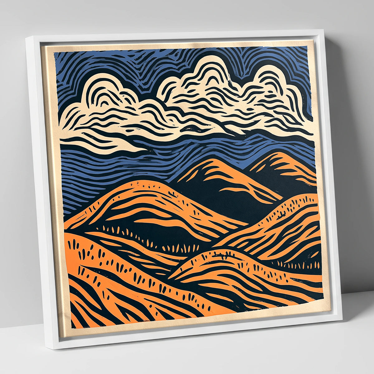 Navy and Orange Rolling Fells lake district fell canvas wall art in white frame