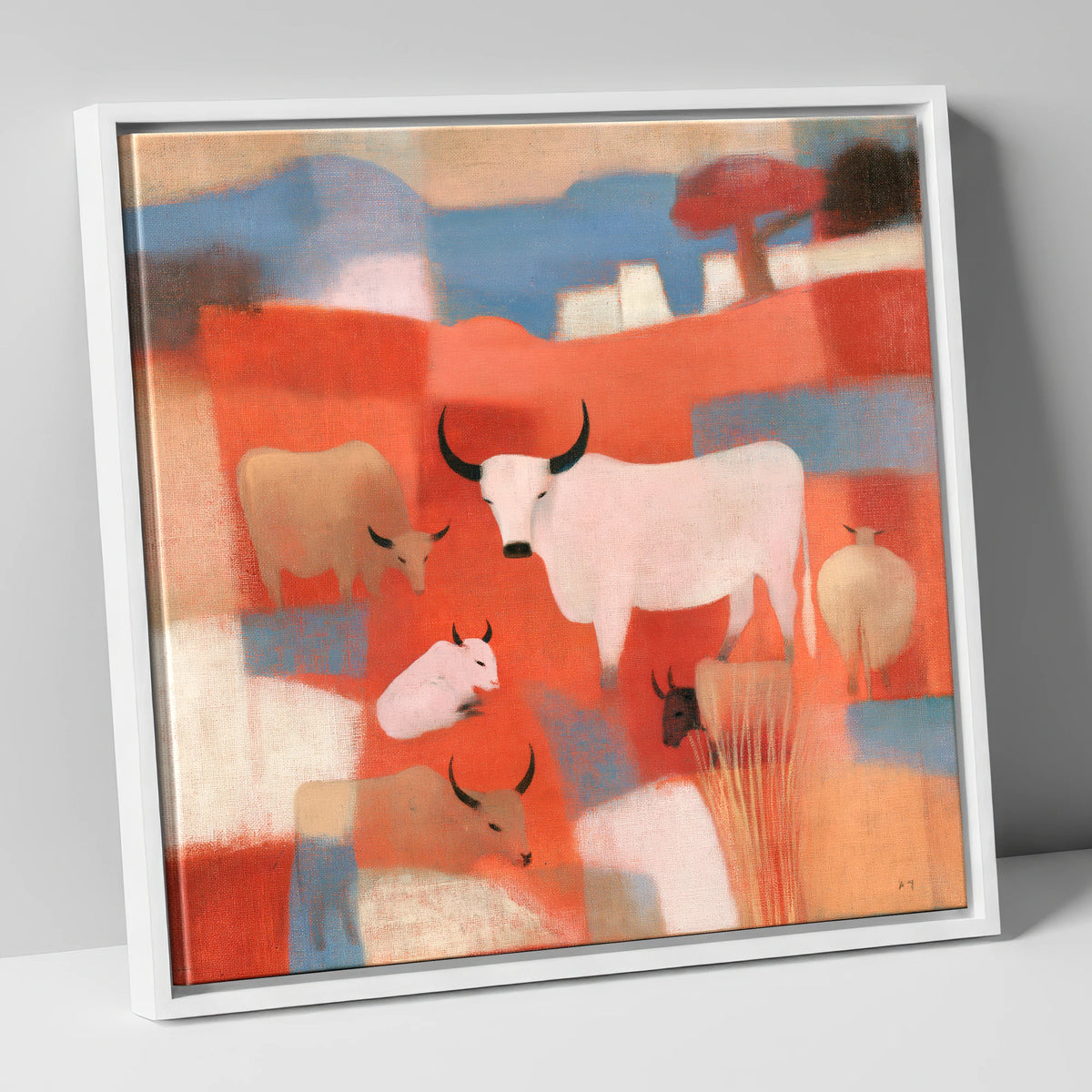 Highland Cattle in Terracotta Fells lake district wildlife canvas wall art in white frame