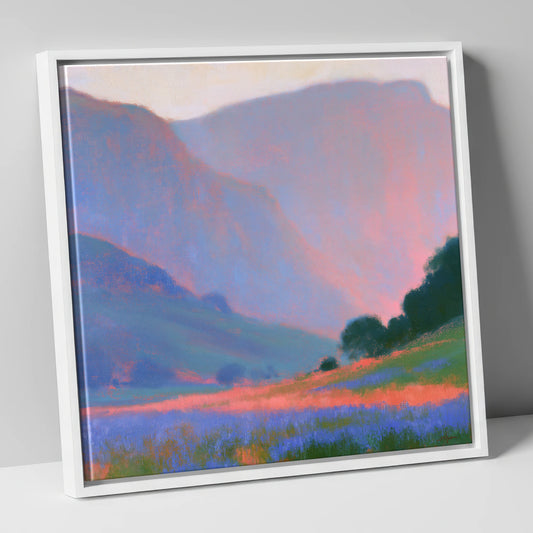 Pink Light Over Valley Fells lake district valley canvas wall art in white frame