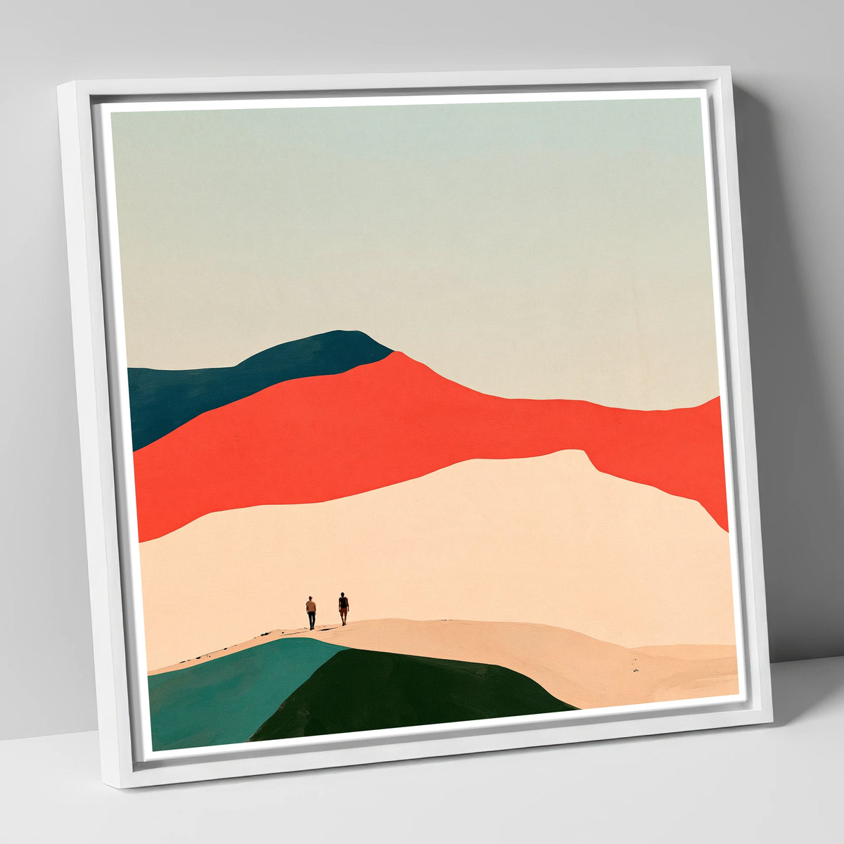 Hikers on a Graphic Fell Ridge lake district fell canvas wall art in white frame