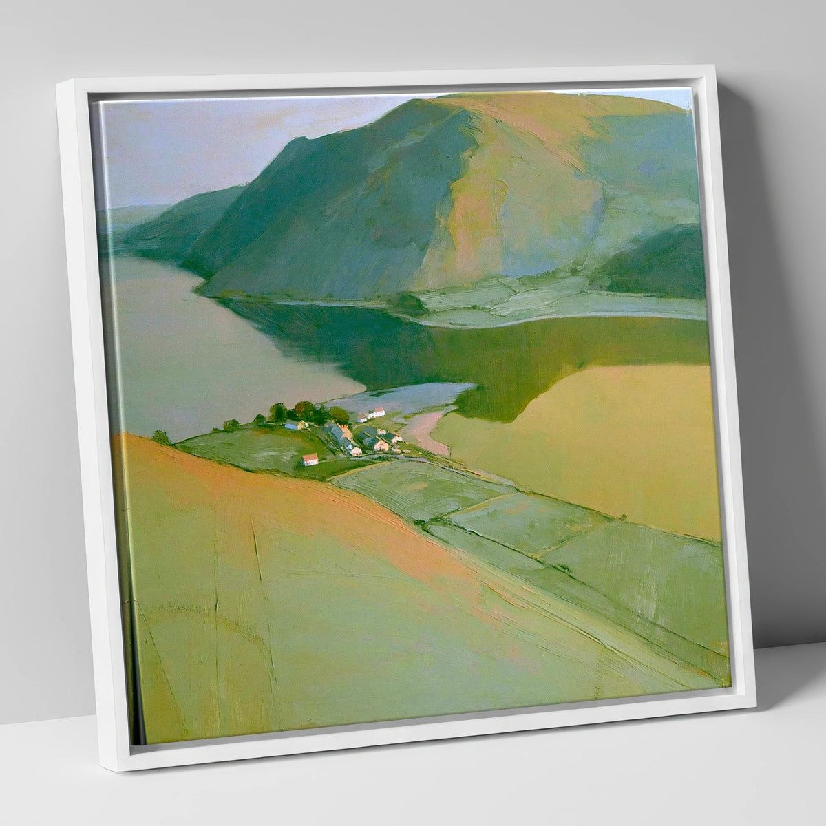 Glenridding from Above Ullswater lake district village canvas wall art in white frame