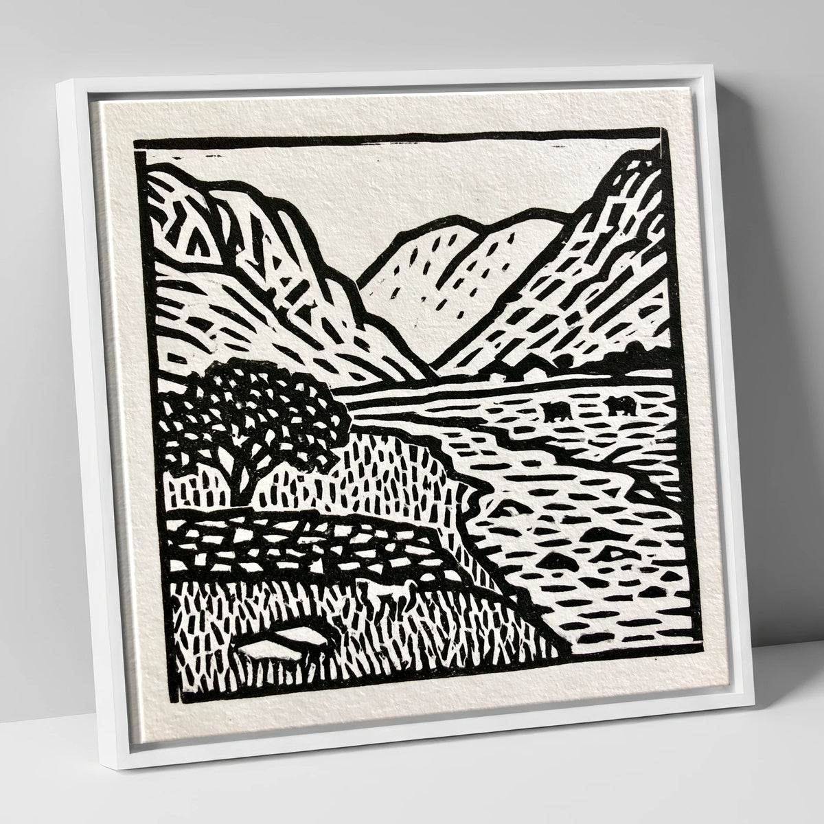 Monochrome Eskdale Valley Landscape lake district valley canvas wall art in white frame
