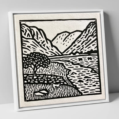 Monochrome Eskdale Valley Landscape lake district valley canvas wall art in white frame