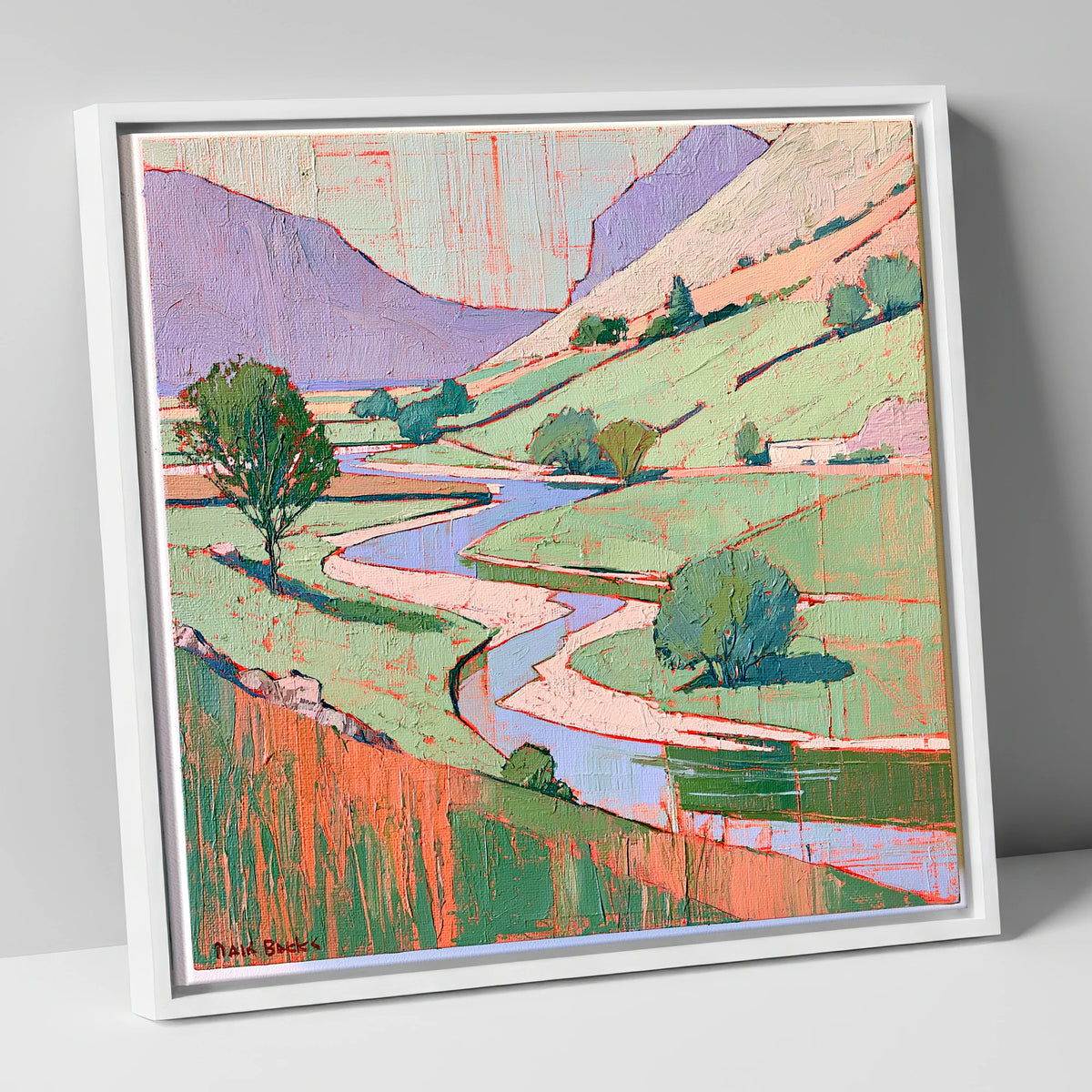 Winding River In Pastel Fells lake district waterfall canvas wall art in white frame