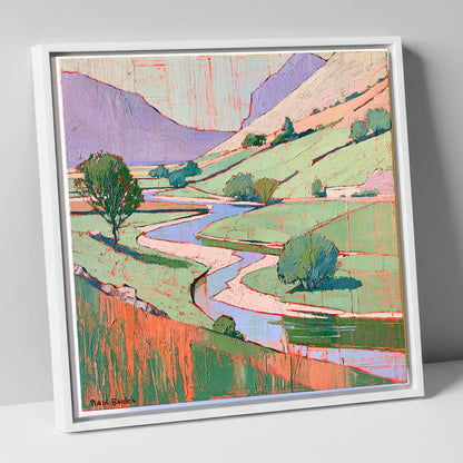 Winding River In Pastel Fells lake district waterfall canvas wall art in white frame