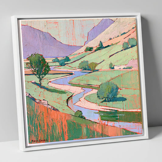 Winding River In Pastel Fells lake district waterfall canvas wall art in white frame