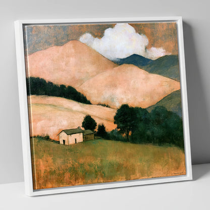 Warm Fells and White Farmhouse lake district fell canvas wall art in white frame