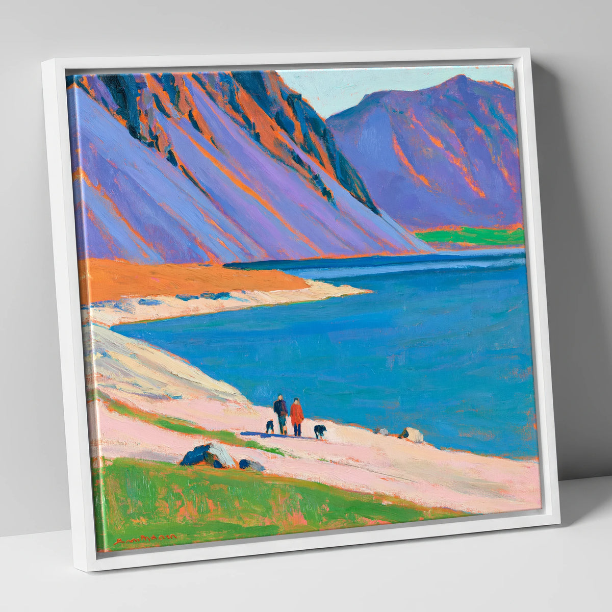 Colourful Wast Water Dog Walk gifts for dog walkers canvas wall art in white frame