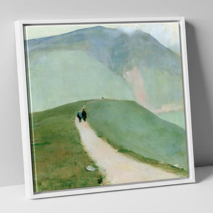 Walkers on a Hazy Fell Path lake district walking canvas wall art in white frame