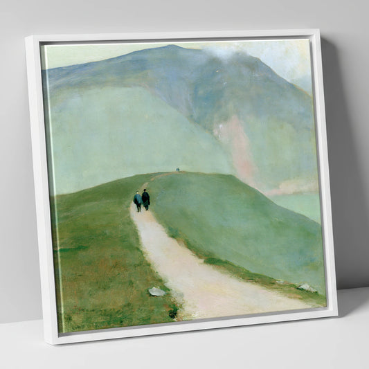 Walkers on a Hazy Fell Path lake district walking canvas wall art in white frame