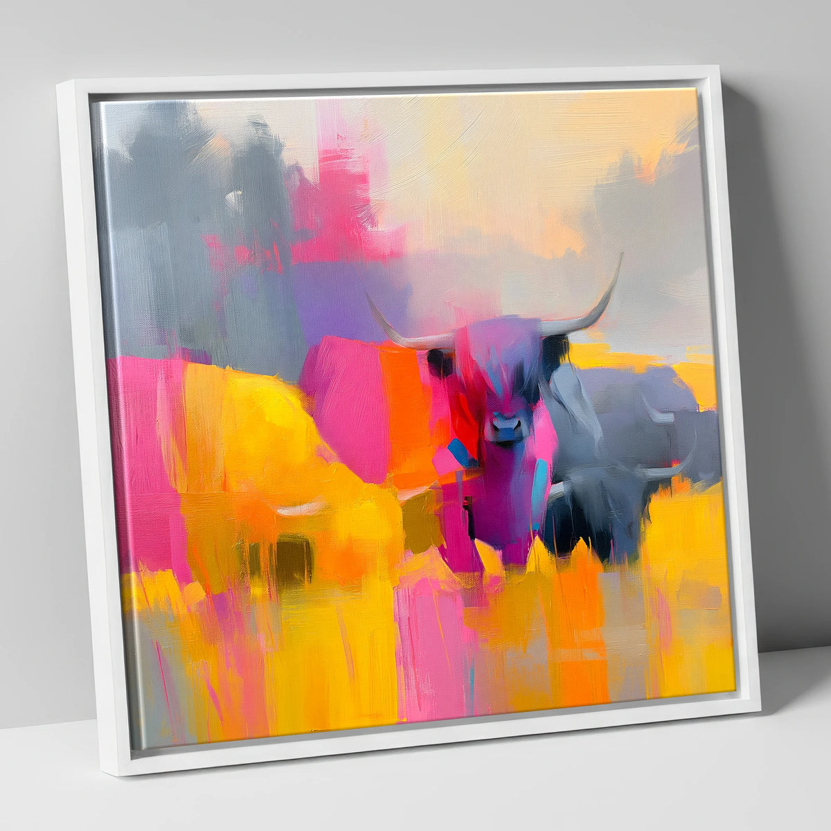 Colourful Highland Cattle Portrait lake district wildlife canvas wall art in white frame