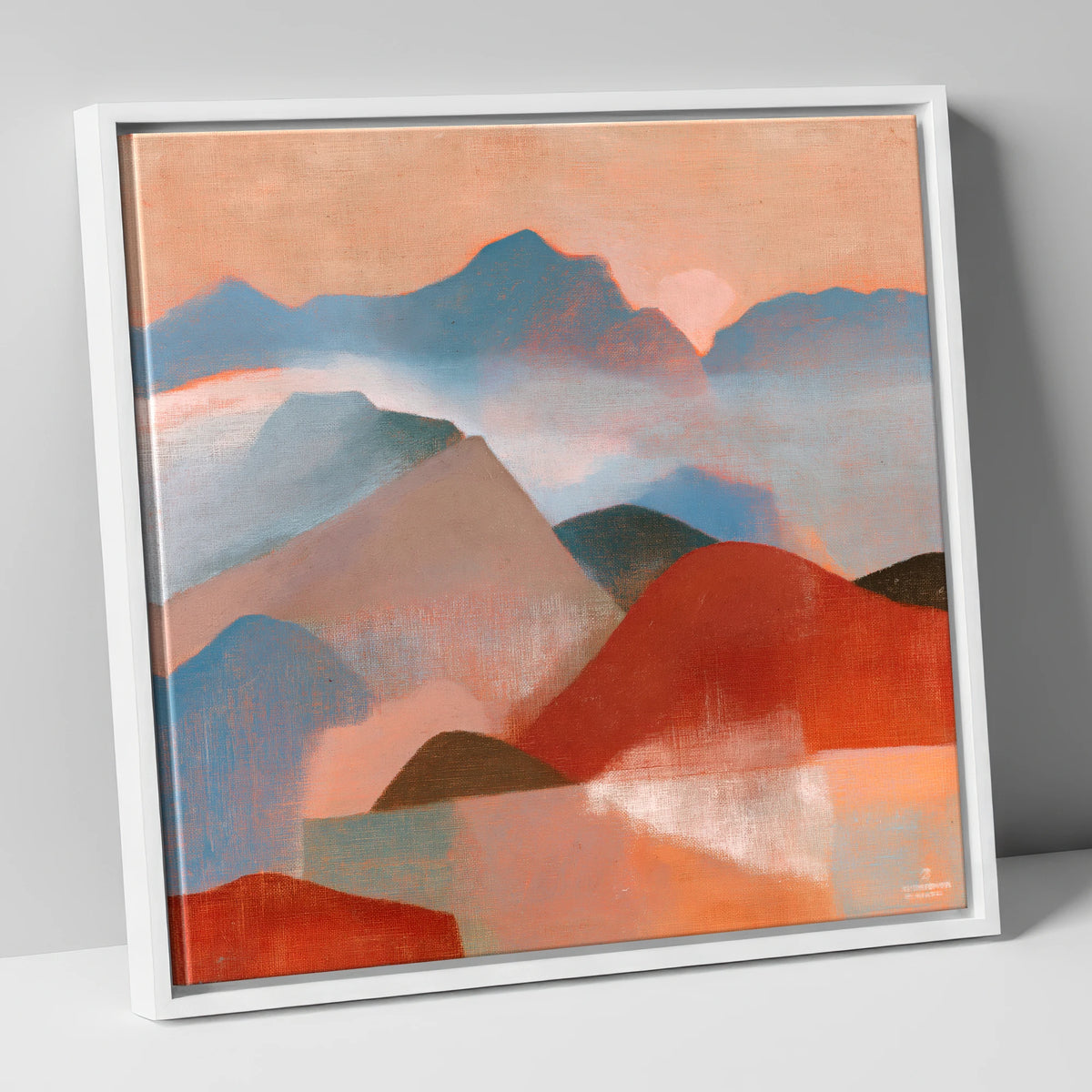 Terracotta and Blue Mountain Ridge lake district fell canvas wall art in white frame