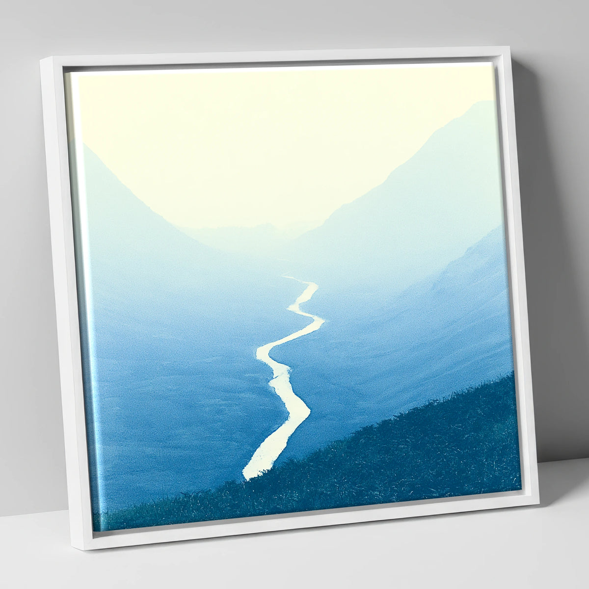 Blue Valley Winding River lake district waterfall canvas wall art in white frame