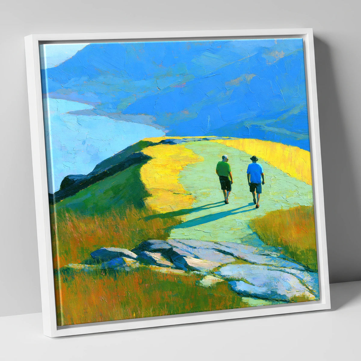 Fell Walkers on a Sunlit High Ridge lake district fell canvas wall art in white frame