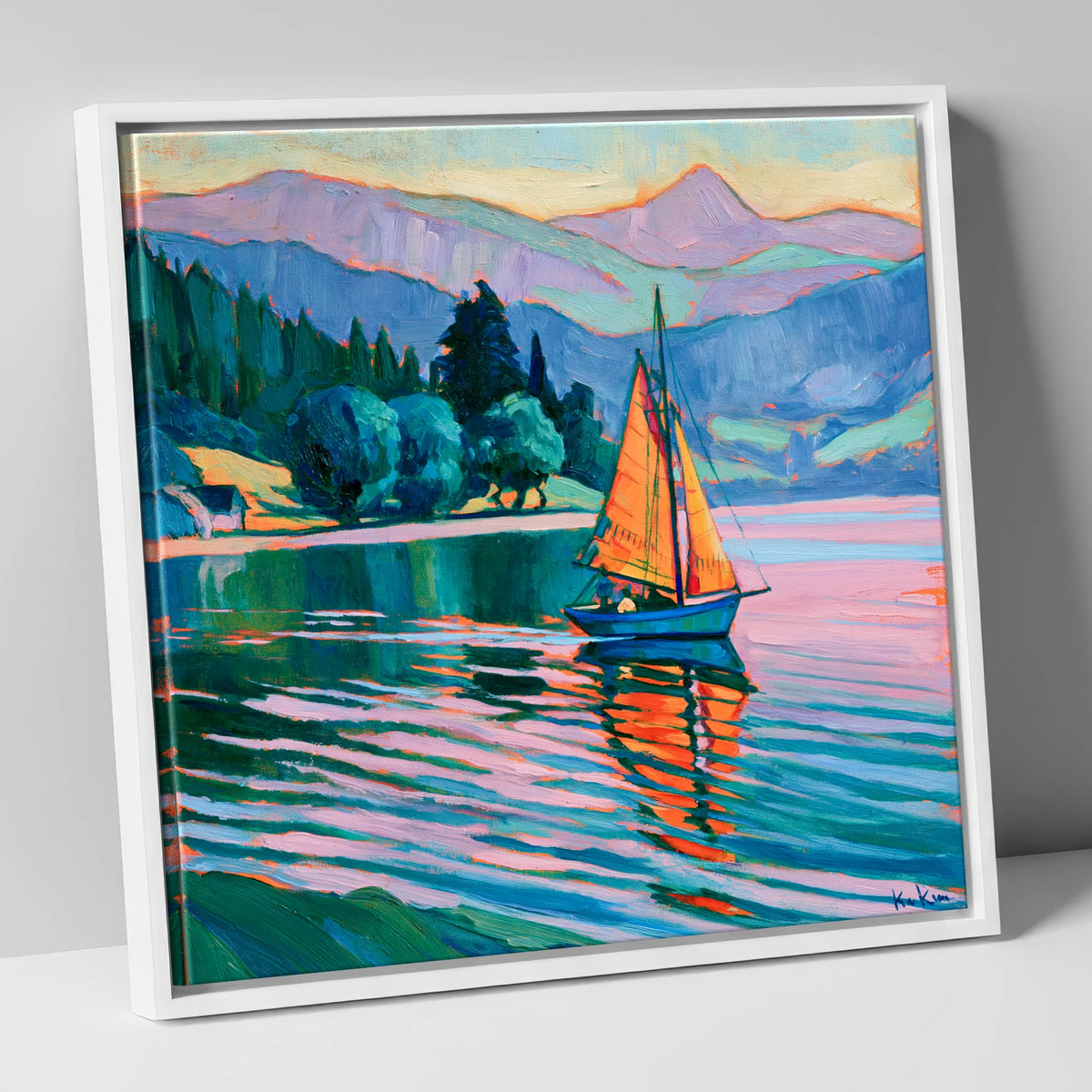 Orange Sails Below the Fells lake district walking canvas wall art in white frame