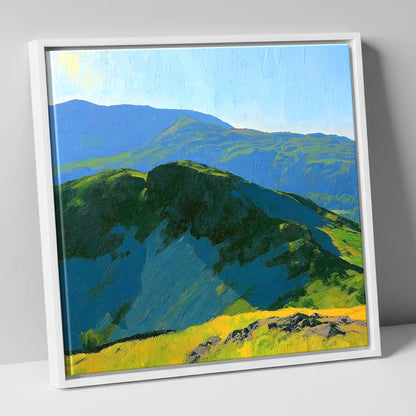 Sunlit Crags of Holme Fell lake district fell canvas wall art in white frame
