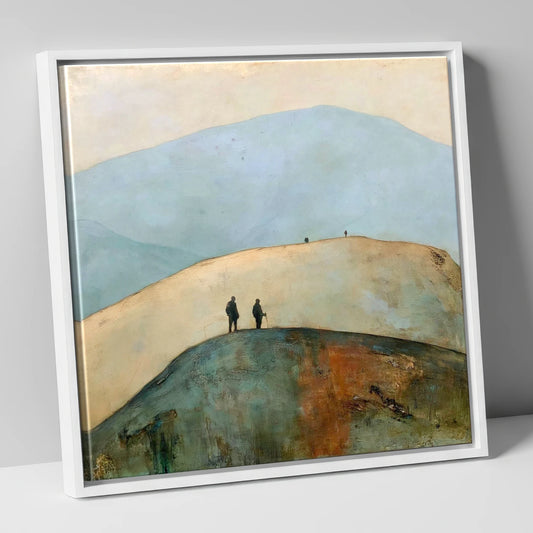 Fell Walkers on a Golden Ridge lake district fell canvas wall art in white frame