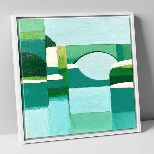 Pooley Bridge in Geometric Teal lake district village canvas wall art in white frame