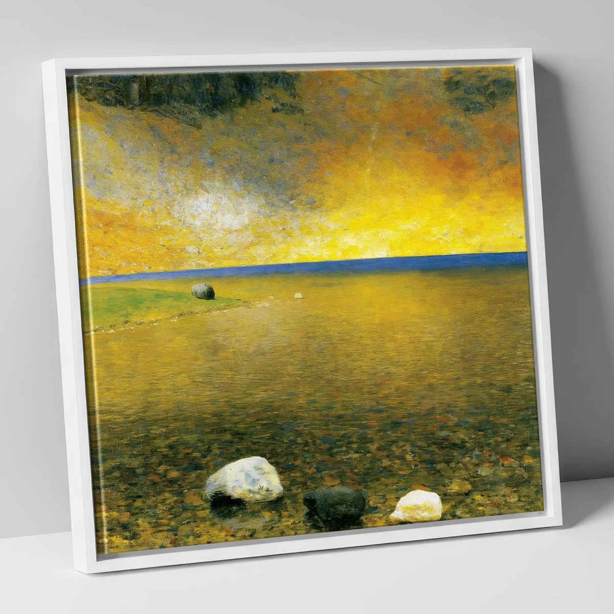 Golden Sky Over Easedale Tarn lake district lake canvas wall art in white frame