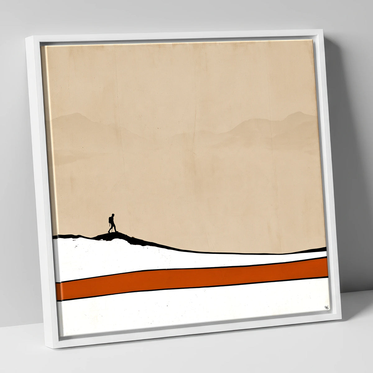 Hiker Silhouette against Distant Fells lake district walking canvas wall art in white frame