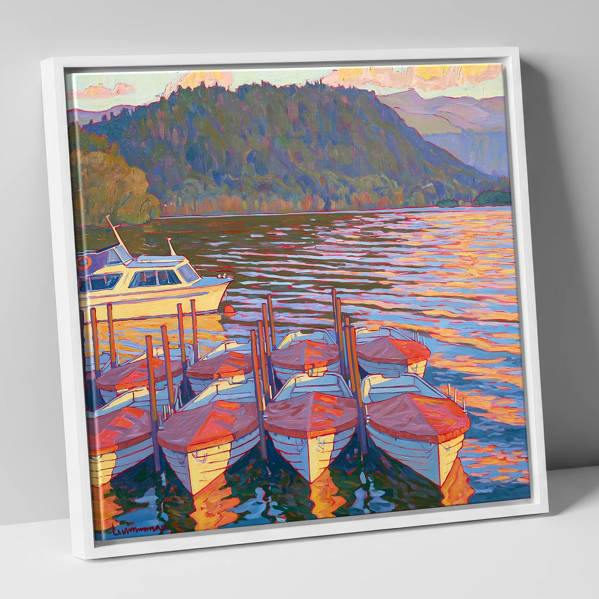 Red Covered Boats on Windermere lake district lake canvas wall art in white frame