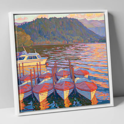 Red Covered Boats on Windermere lake district lake canvas wall art in white frame