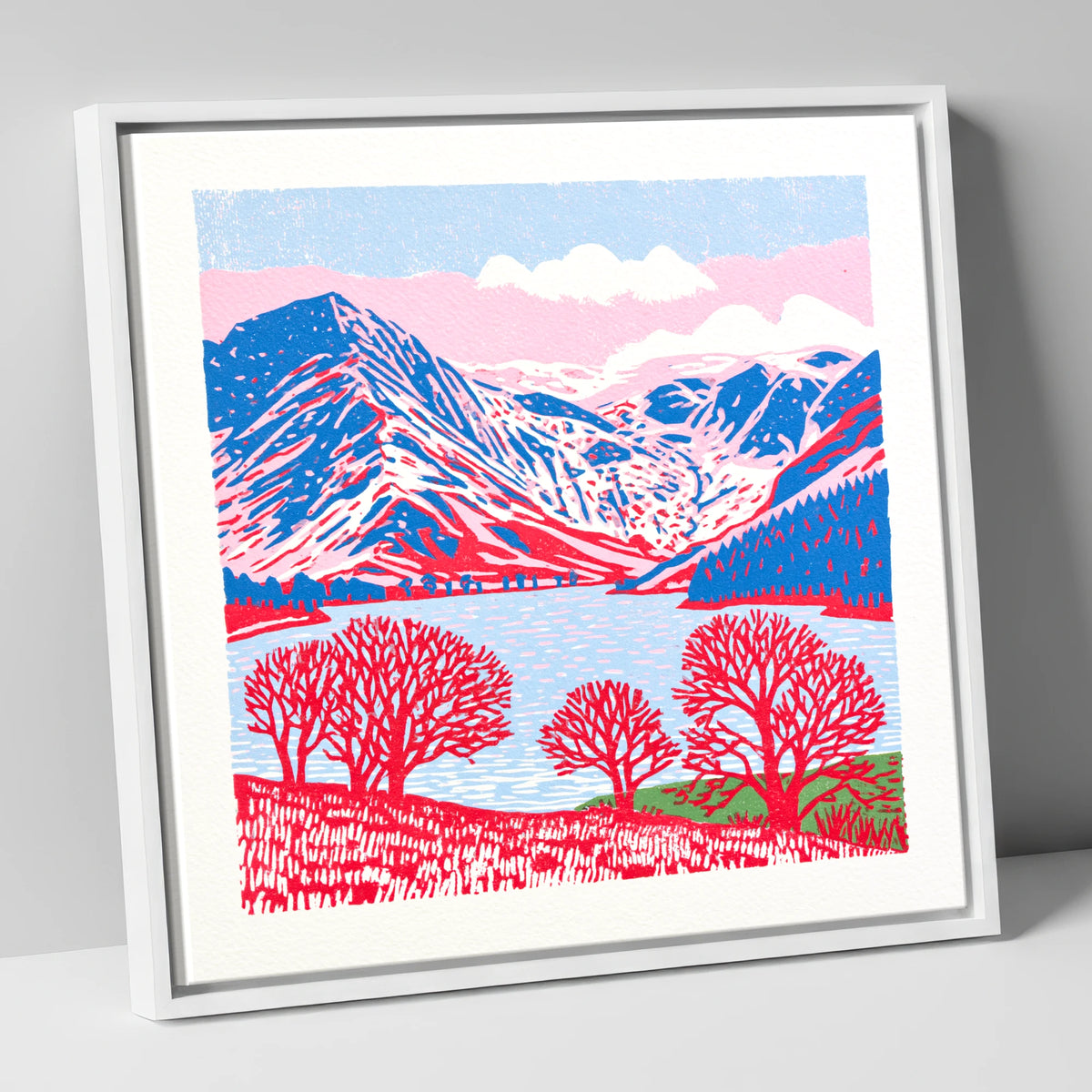 Graphic Buttermere in Red and Blue lake district lake canvas wall art in white frame