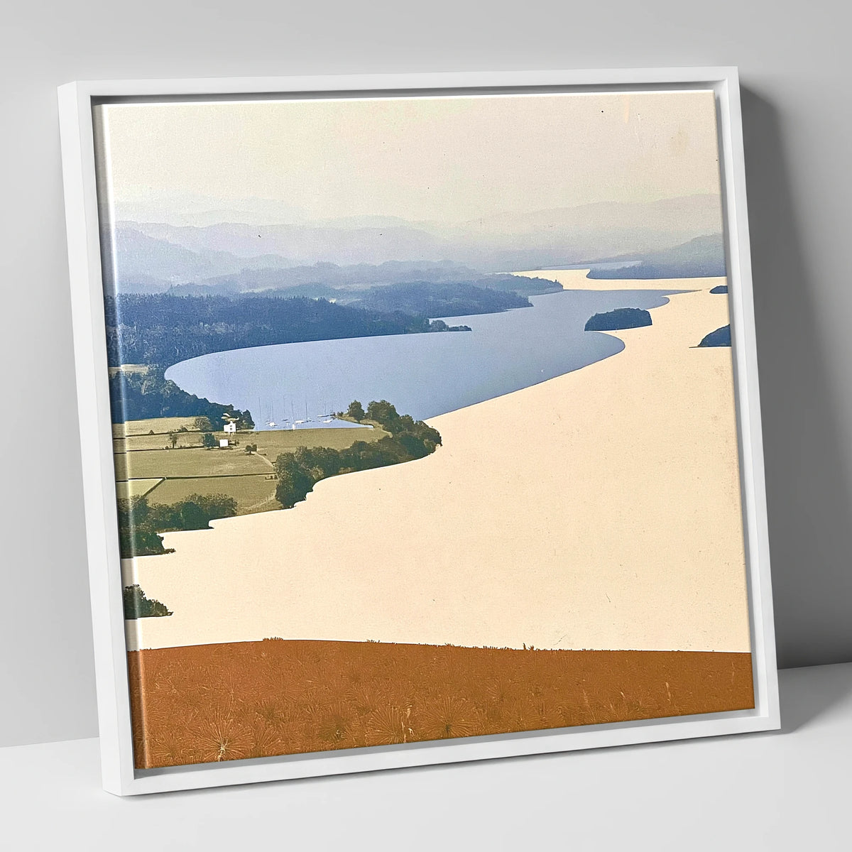 Slate Blue Windermere from Above lake district lake canvas wall art in white frame
