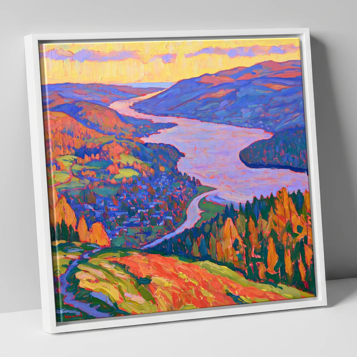 Vibrant Ambleside and Lake View lake district village canvas wall art in white frame