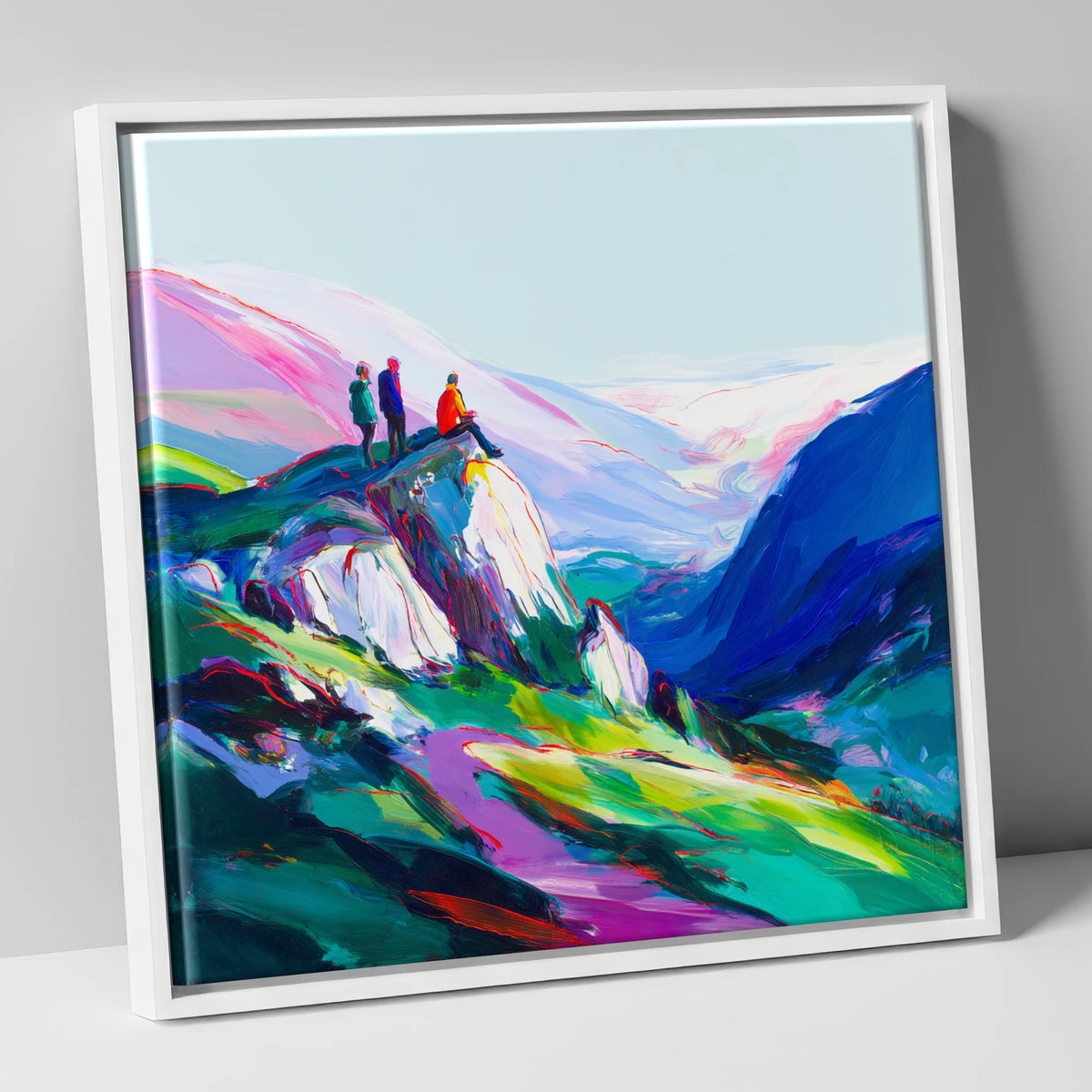 Climbers on a Vibrant Crag lake district walking canvas wall art in white frame