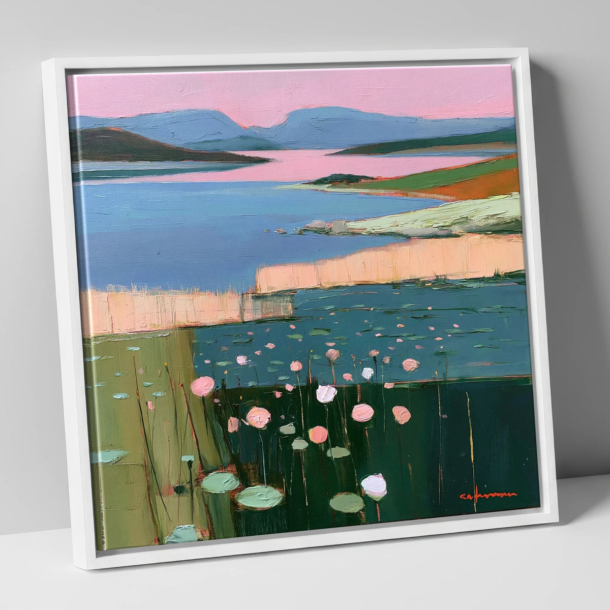 Lake Fells Under Pink Sky lake district lake canvas wall art in white frame
