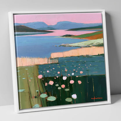 Lake Fells Under Pink Sky lake district lake canvas wall art in white frame
