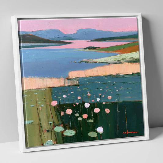 Lake Fells Under Pink Sky lake district lake canvas wall art in white frame