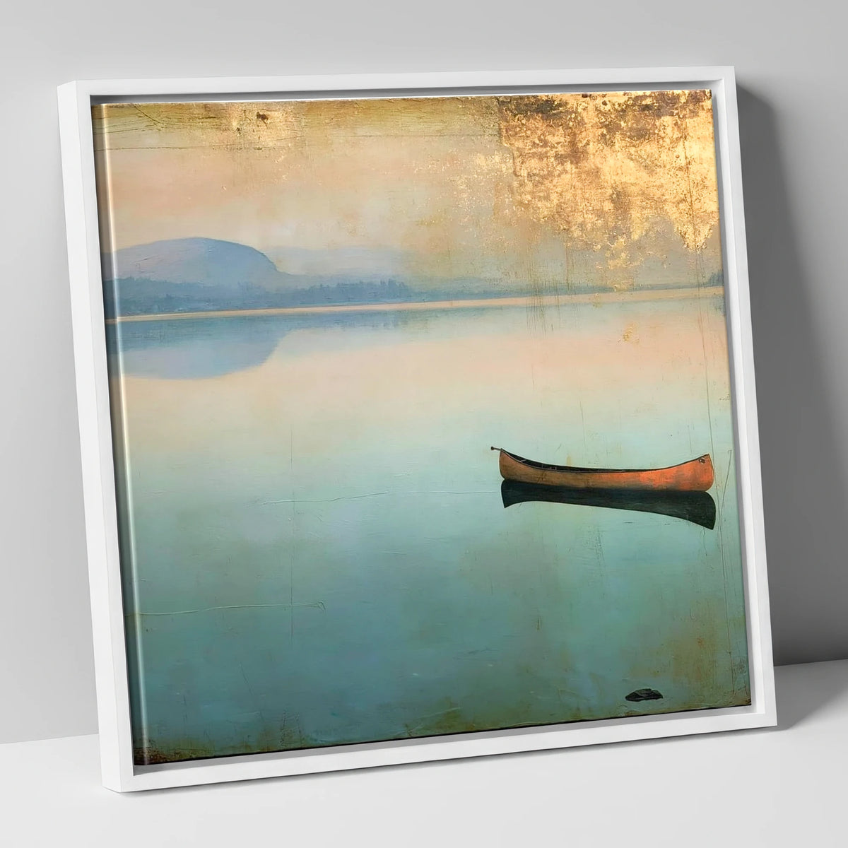 Windermere Canoe in Golden Haze lake district lake canvas wall art in white frame